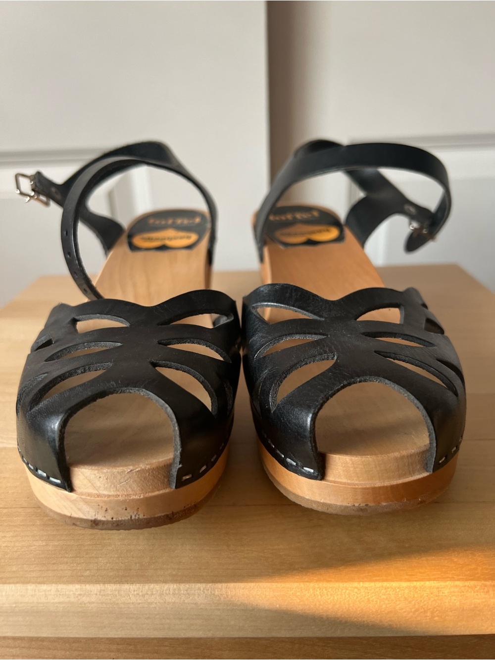 Swedish Hasbeens Black Leather Cutout Clogs with Wooden Heel - Picture 5 of 8